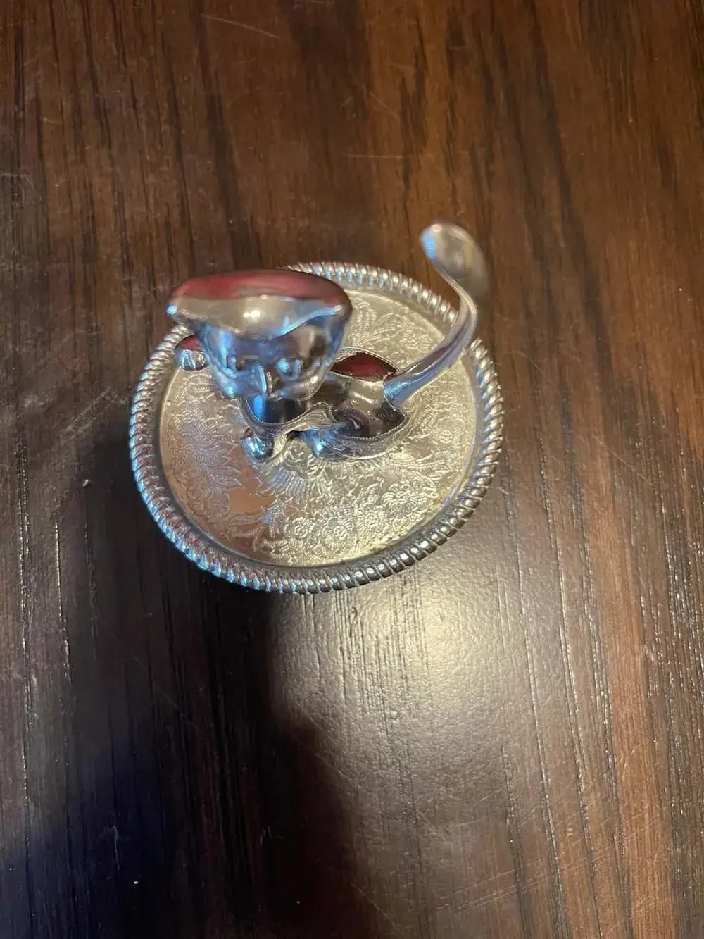 Vintage Kitty Cat Ring Jewelry Holder Tray Floral Engrave Base Midcentury Silver